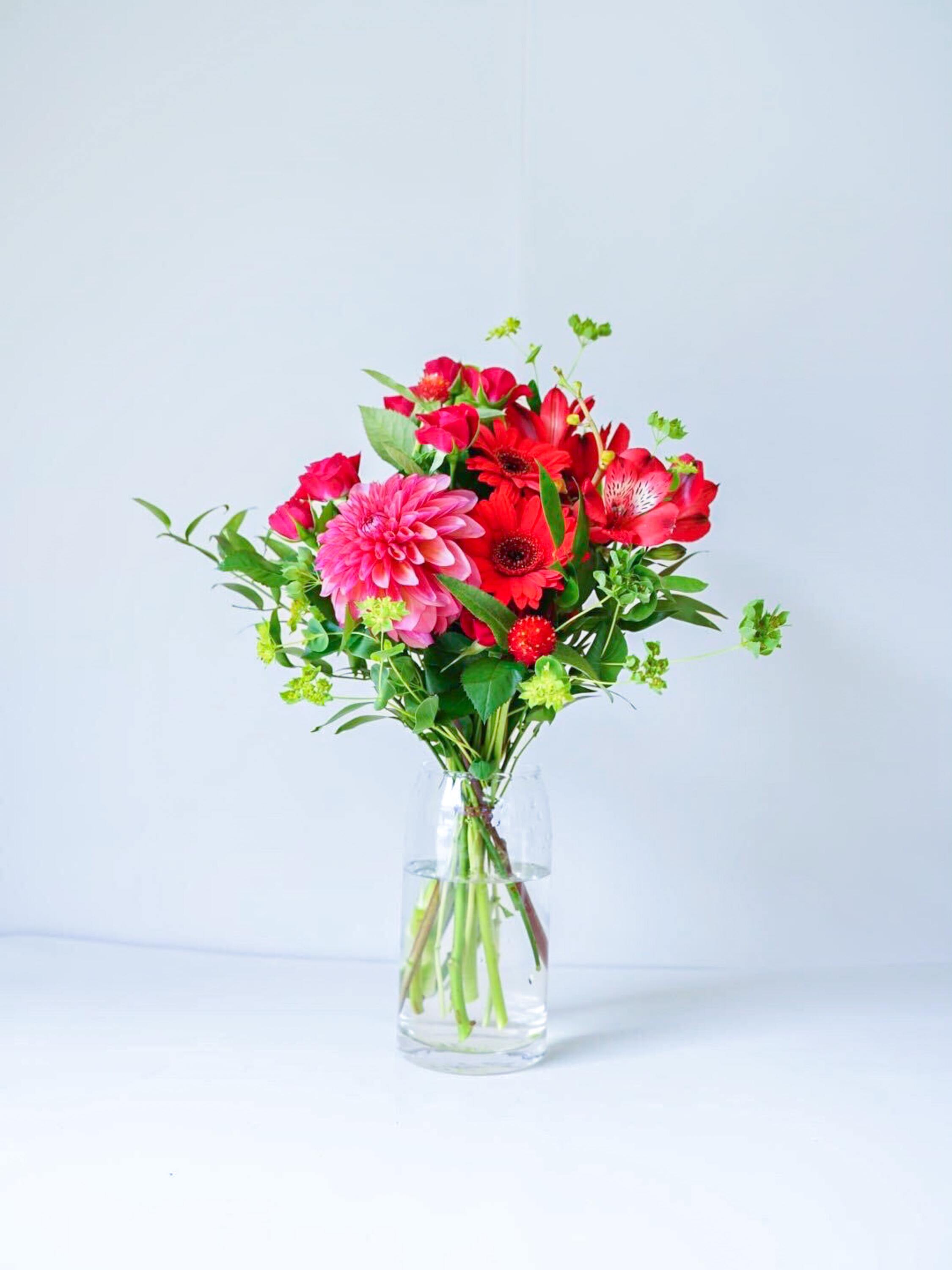 【誕生日ギフト】 フローリストにおまかせ 季節の花束 M - レッド -